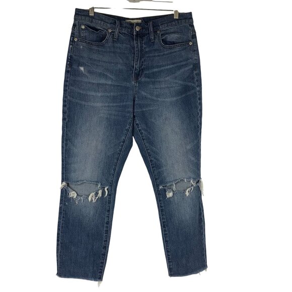 MADEWELL - WOMEN'S 29 BLUE DENIM THE HIGH RISE FRAYED SLIM BOYFRIEND JEANS - Picture 1 of 8